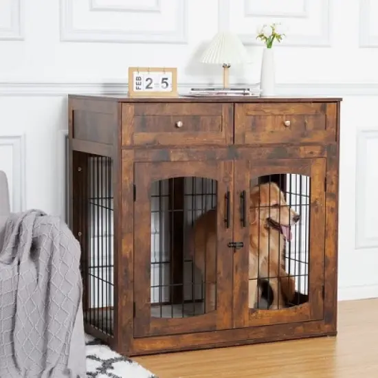 Dog Crate Furniture with 3 Doors,39.4" Large Dog Crate with 2 Drawer & Cushion,Wooden Dog House Kennel for Medium/Large Dog image {7}