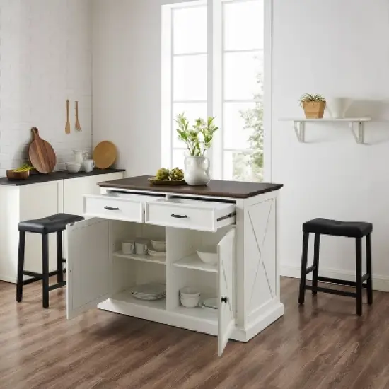 Clifton Kitchen Island with Upholstered Saddle Stools Distressed White/Black - Crosley image {2}