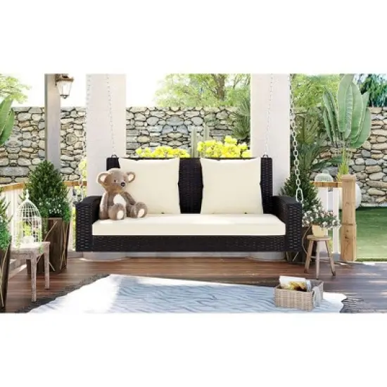 TIRAMISUBEST 2-Person Wicker Hanging Porch Swing with Chains,Cushion,Pillow,Rattan Swing Bench for Garden,Backyard,Pond image {2}