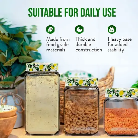 American Atelier Clear Glass Set of 3 Jars, Lemon Design on Airtight Lid, Food Storage Containers, 45, 63, and 74-Ounce Capacity, Dishwasher Safe image {5}