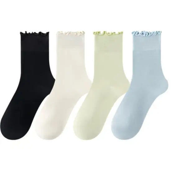 Anna-Kaci 4 Pairs Women's Ruffle Edge Crew Socks Soft Stretch Cotton Blend with High Elastic Cuffs in Assorted Solid Colors image {7}