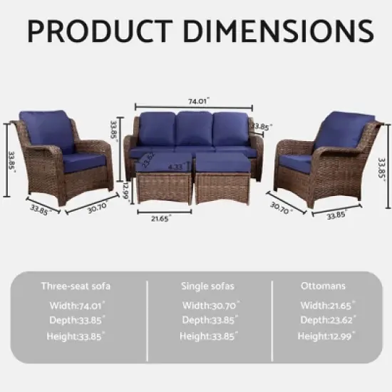 FIONECA 5-Piece Rattan Patio Furniture Set &uml;C Gray Wicker Outdoor Sectional with Navy Blue Cushions, 3-Seat Sofa, 2 Chairs, 2 Ottomans image {6}