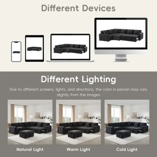 Whisen Chenille Sectional Pull-Out Sofa Bed with Flip-Up Table, Adjustable Reading Lamp, Charging Ports, Movable Storage Ottoman image {1}