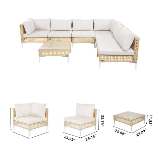 Yardgrace 7-Piece Cutout Wicker Hollow-Design Corner Sofa Outdoor Patio Conversation Sectional Seating Set image {5}