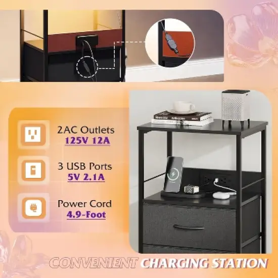 GALAXHERO Night Stand Set of 2,Small End Tables with Charger Station Nightstand with 2 Fabric Drawers & Storage Shelf, LED Bedside Table for Bedroom image {3}