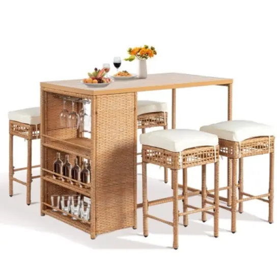 Patio 5-Piece Wicker Serving Bar Set with Cushions image {7}