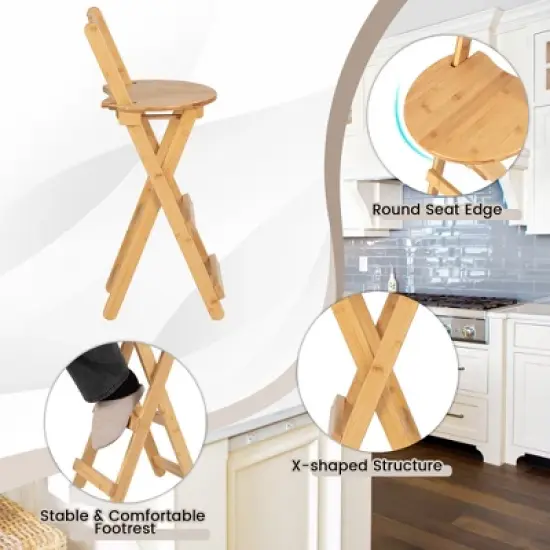 Costway Set of 2 Bamboo Folding Barstools Counter Height Dining Chairs Installation Free image {7}
