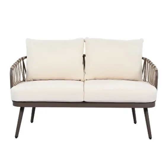 4-Piece Outdoor Patio Conversation Set Metal Frame Chairs with Woven Rope Backrest, Thick Cushions & Acacia Wood Coffee Table - ModernLuxe image {7}