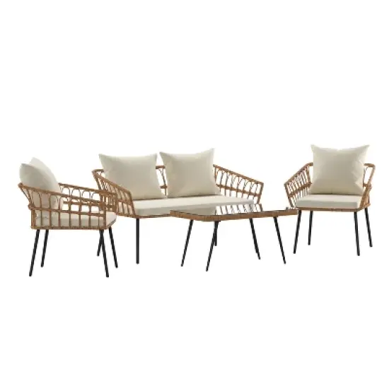 Emma and Oliver Four Piece Indoor/Outdoor Boho Open Weave Natural Rattan Rope Patio Set with Two Chairs, Loveseat and Table with Cushions image {13}