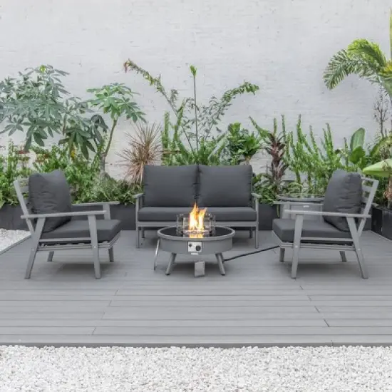 LeisureMod Walbrooke 4-Piece Outdoor Patio Conversation Set &ndash; Grey Trim Fire Pit Table with Cushioned Ottoman for Patio, Deck, Balcony & Backyard image {1}