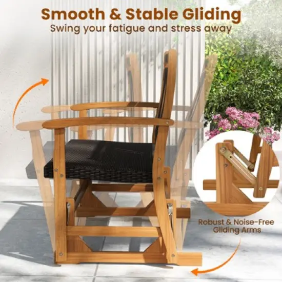 Tangkula Patio Rattan Glider Bench Swing Gliding Rocker for 2 w/ Acacia Wood Frame image {6}