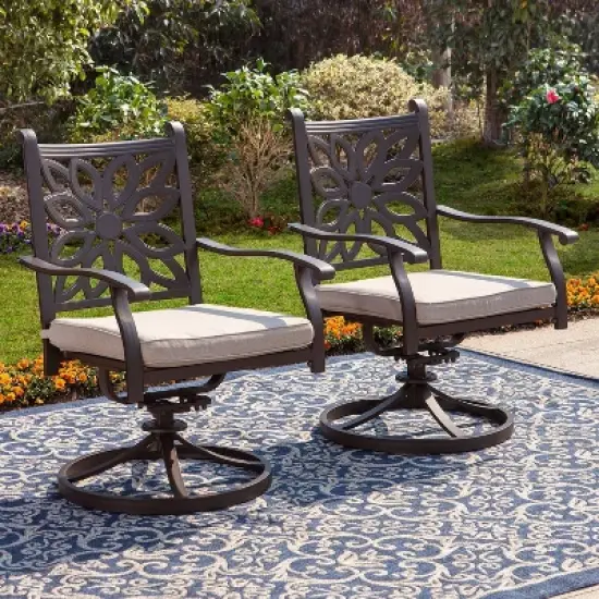 2pk Outdoor Extra Wide Cast Aluminum Swivel Chairs with Cushions - Captiva Designs image {2}