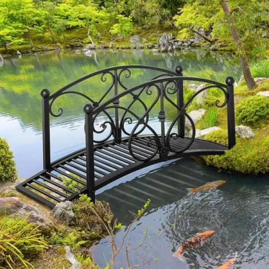 Outsunny 3.3FT Metal Arch Zen Garden Bridge with Safety Siderails, Decorative Footbridge, Delicate Floral Scrollwork for Stream, Fish Pond image {2}