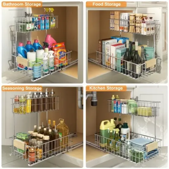 Pull Out Cabinet Organizer, Under Sink Slide Out Storage Shelf with 2 Tier Sliding Wire Drawer image {6}