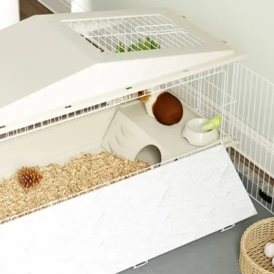 PawHut Small Animal Cage, Guinea Pig Cage with Removable Pet Playpen, Waterproof Pad, Hay Feeder, Water Bottle, Food Dish, Soft-Coverd Ramp, Wheels image {5}