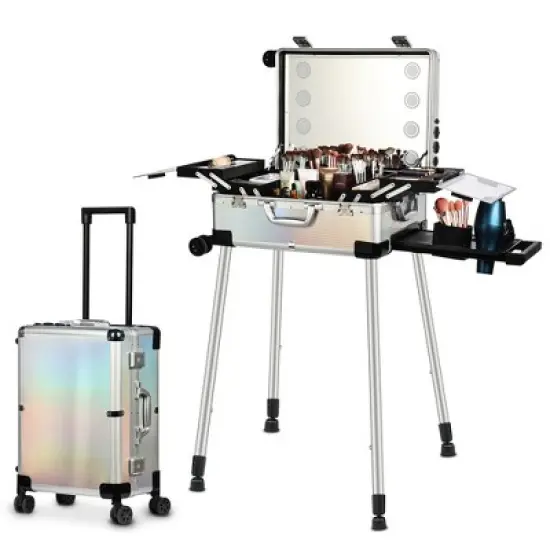 Lockable Rolling Makeup Train Case with LED Mirror image {8}