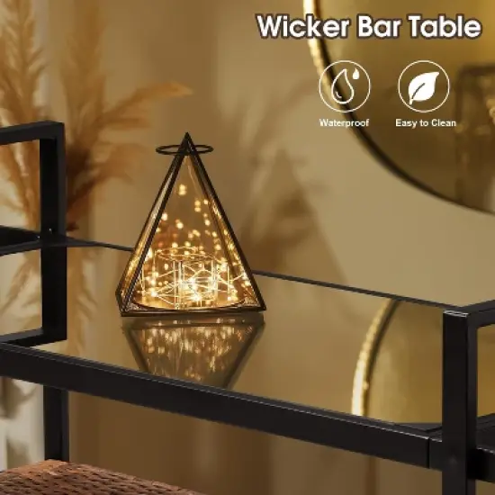 Wicker Outdoor Bar Cart with Storage and Wheels, Outdoor Bar Table Serving Cart Rattan Bar Cart with Glass Top and Shelf for Pool, Party image {7}