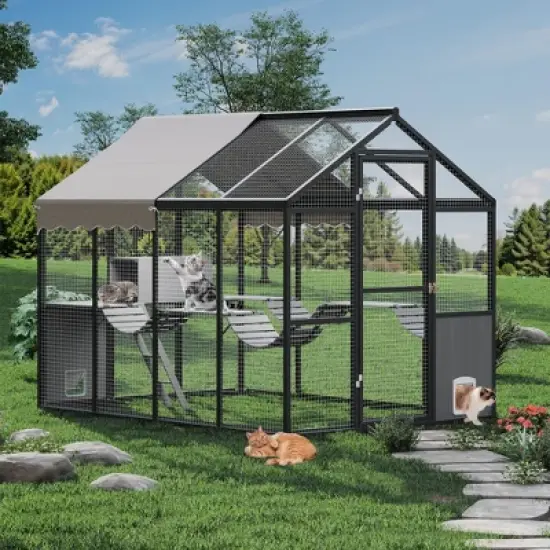 Aluminum Walk-In Large Outdoor Cat Enclosure, Catio for Multiple Cats, Outside Cattery with Weatherproof Roof , Side Door, UV Proof Cover image {7}