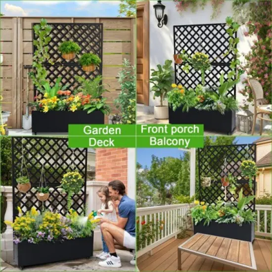 Metal Planter Box with Trellis, 71"x47"x12" Raised Garden Bed with Trellis & Wheels, Outdoor Garden Box with Privacy Screen & Drainage Holes image {3}