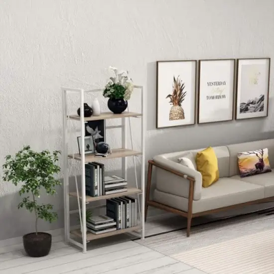 GHQME Space Saving Vintage Style 4 Tiered Folding Storage Bookcase with Durable Particleboard Shelves and Wide Metal Cross Bar Frame, White image {1}