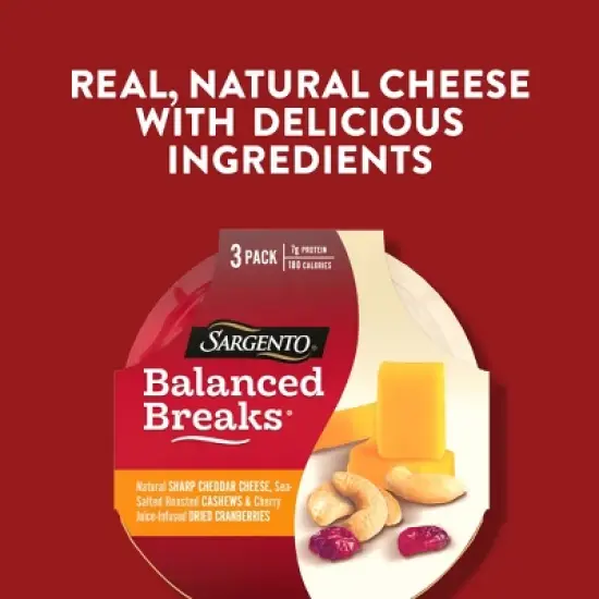 Sargento Balanced Breaks Natural Sharp Cheddar, Sea-Salted Cashews & Cherry Juice-Infused Dried Cranberries - 4.5oz/3ct image {4}
