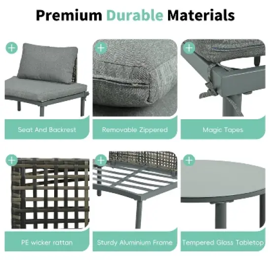 FIONECA 8-Piece Half Moon Outdoor Sectional Sofa Set with 2 High-Low Coffee Tables, Gray PE Wicker Patio Furniture with Cushions & 6 Pillows image {5}