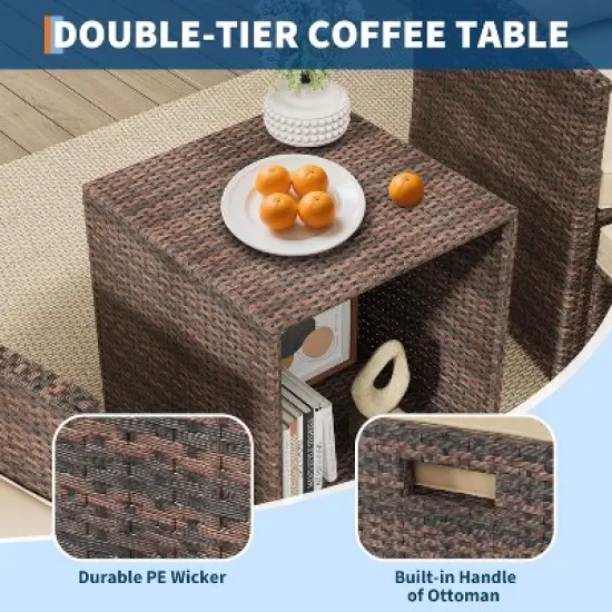 Acekool 5 Piece Balcony Patio Set Brown Rattan Armchairs with Soft Cushions 2 Hidden Ottomans and Glass Storage Table for Porch Lawn Deck image {7}