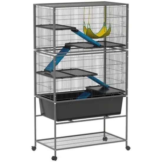 PawHut 59" 5-Level Small Animal Cage, Rolling Ferret Chinchilla Cage with Slide Out 6.3" Deep Tray, Non-Slip Cloth Covered Ramps, Hammock, Dark Gray image {6}