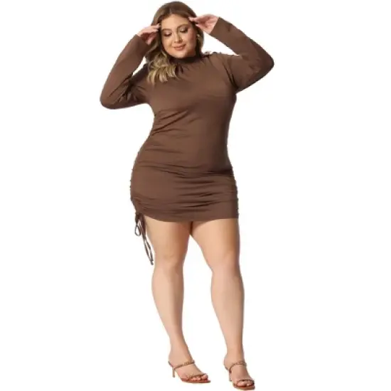 Agnes Orinda Women's Plus Size Bodycon Drawstring Ruched Long Sleeve Party Cocktail Mini Dress image {2}