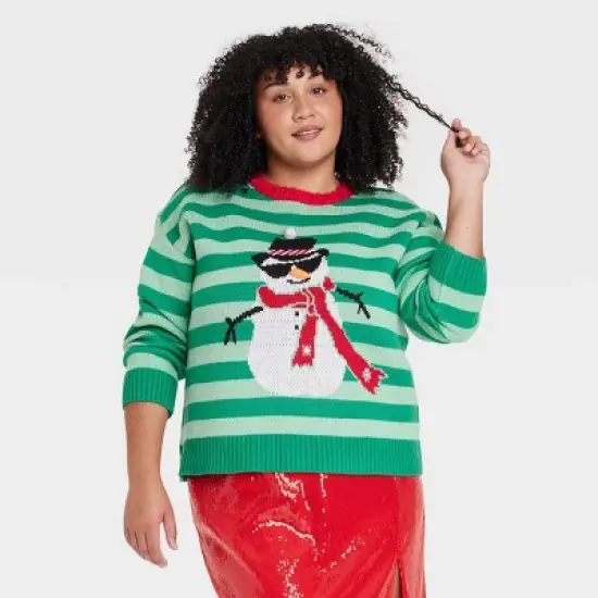 Women's Striped Snowman Graphic Sweater - Green image {4}