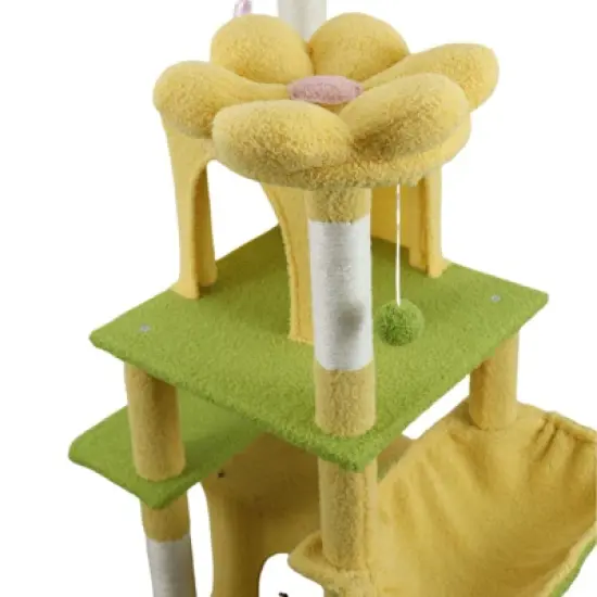 SEVOBAL Pet Tower Floral Cat Tree with Spacious Condo and Hammock, Multi-Level Playground for All Age Cats Playing, Sleeping, Yellow, 20"*20"*14.4" image {3}