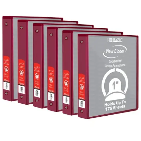 BAZIC Products 3-Ring View Binder with 2 Pockets, 1", Burgundy, Pack of 6 image {7}