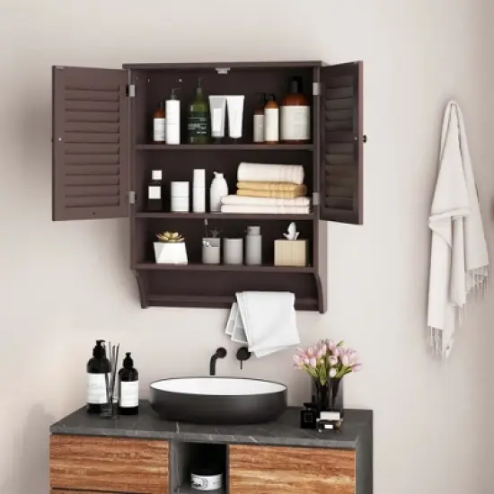 Costway Bathroom Wall Mounted Medicine Cabinet with Louvered Doors & Towel Bar Espresso/Grey/White image {3}