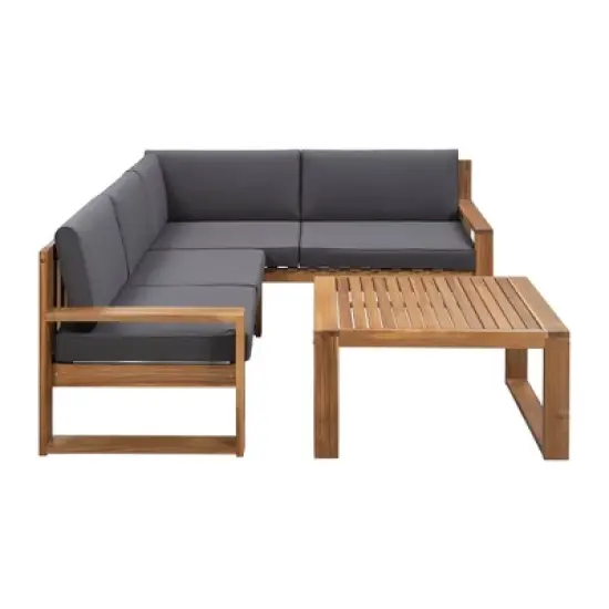 3pc Outdoor Acacia Wood Sectional Conversation Set with Cushions - Gray - GODEER image {3}