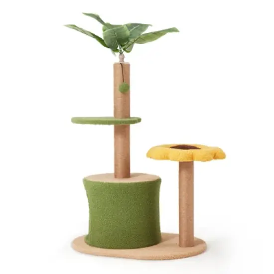 EROMMY 31.5" Cat Tree For Indoor Small Cats, Cute Sunflower Cat Tower, Scratching Post, And Leaf Platforms image {1}
