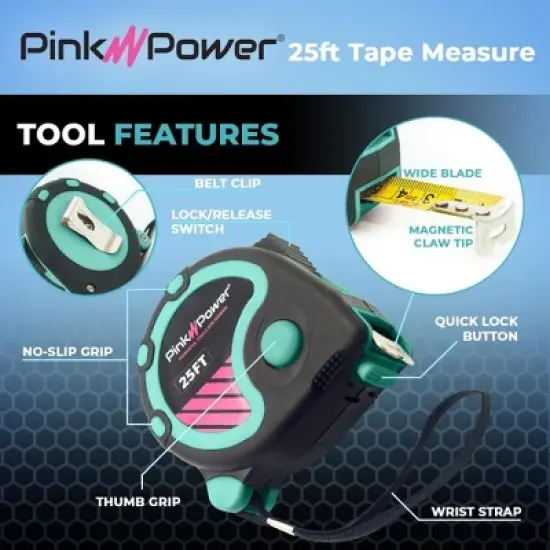 Pink Power 25 Ft Tape Measure with Fractions - Blue Heavy-Duty Small Measuring Tape Retractable with Easy-Read Markings, Self Centering Return image {1}