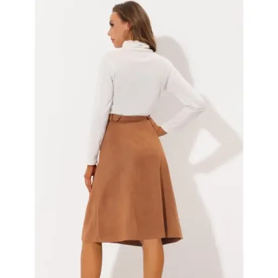 Allegra K Women's Casual Faux Suede Pockets Stretch A-line Midi Skirt with Belt image {3}