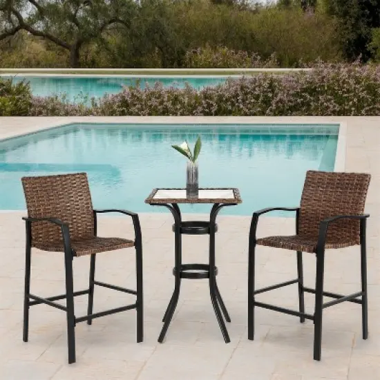 ELJGET 3 Piece Outdoor Bar Stools Set, Outdoor Wicker Patio Bar Height Stools Set with Glass Table Top for Garden, Deck, Balcony, Brown image {7}