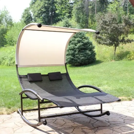 Sunnydaze Outdoor Double Chaise Lounge Bed with Canopy Shade and Headrest Pillows, Black image {4}
