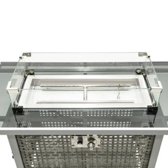 43" Propane Gas Fire Pit Table, 60000 BTU Rectangular Open Weave Wicker Fire Pit with Glass Wind Guard for Outside Patio Deck Garden Backyard - Grey image {12}