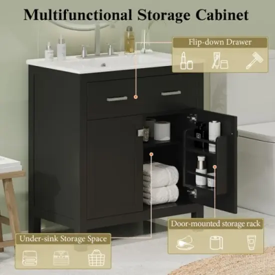 Whisen 30" Bathroom Storage Cabinet Bathroom Vanity with Ceramic Sink, Soft Close Doors, Adjustable Shelf and Flip Drawer image {3}