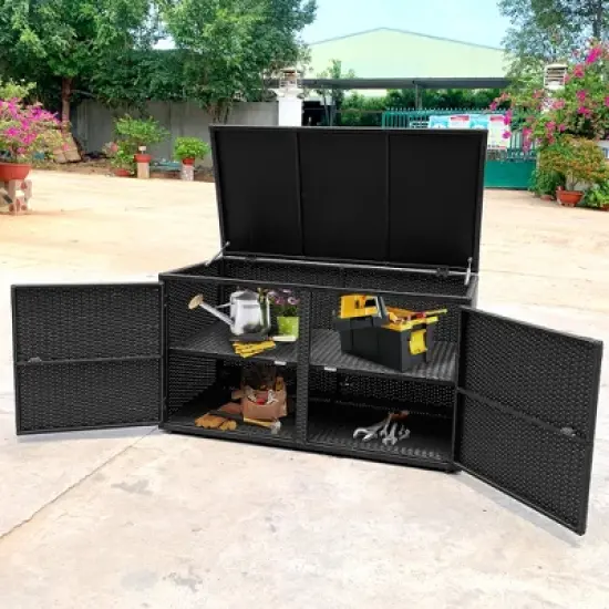 Costway 88 Gallon Garden Patio Rattan Storage Container Box Bin Shelf Black\Brown image {4}