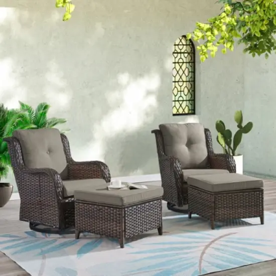 POCASSY Outdoor Swivel Glider Chairs Set of 2 with Ottomans, Patio Furniture Set with All Weather Wicker Outdoor Lounge Accent Chair for Porch Deck image {11}
