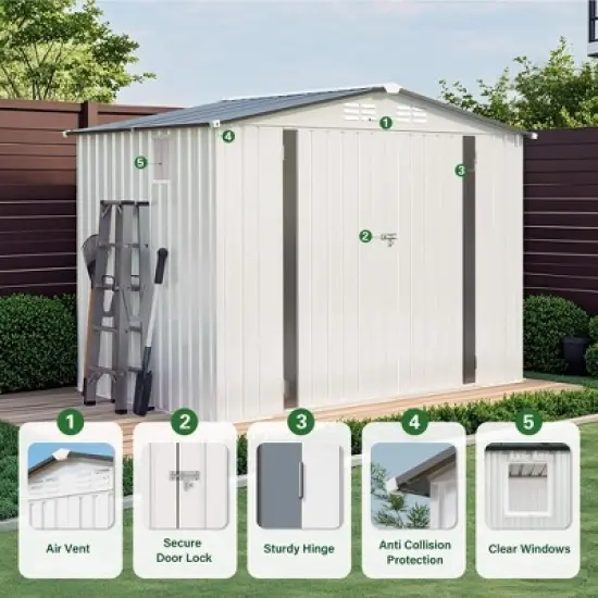 ORRD 8X6 FT Metal Outdoor Shed | Pitched Roof, Waterproof | Side Window, Lockable Door | Ideal for Garden Tools, Sundries & Bikes | White+Gray image {6}