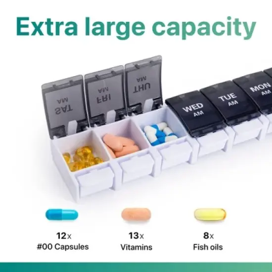 Sukuos AM PM Weekly 7 Day Pill Organizer, Large Pill Cases w/ Push Button Design image {4}