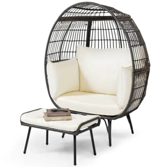 Costway 2 PCS Patio Wicker Lounge Basket Set Oversized Egg Chair with Soft Cushions image {9}
