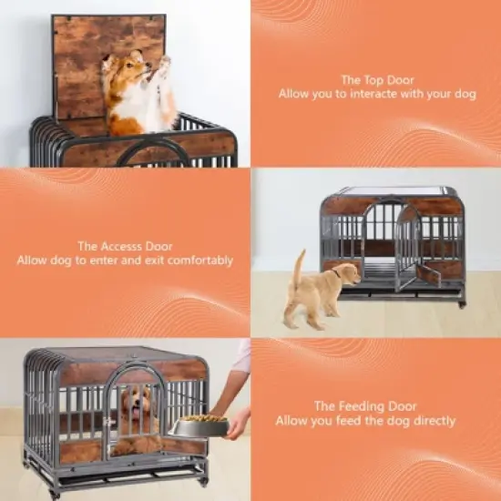 GustoWave 46'' Heavy Duty Metal Dog Crate , Dog Crates for Large Dogs with Wheels, Metal Cage, Wood Kennel Dog Crate with Removable Tray image {5}