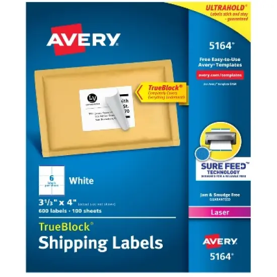 Avery Printable Shipping Labels with Sure Feed, 3-1/3" x 4", White, 600 Blank Mailing Labels for Laser Printers (5164) image {8}