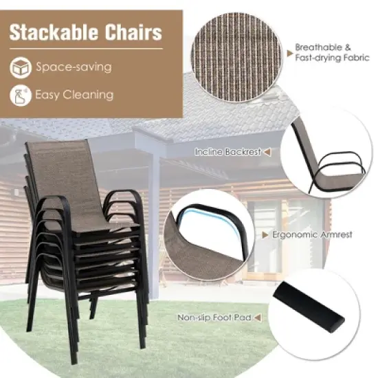 Costway 7PCS Patio Dining Set 6 Stackable Chairs Glass Table Umbrella Hole Yard image {7}