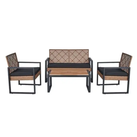 Aukfa Modern Weave 4-Piece Outdoor Patio Conversation Set with Cushions and Wood-Top Coffee Table - Noir Garden Sofa & Chair Set image {11}